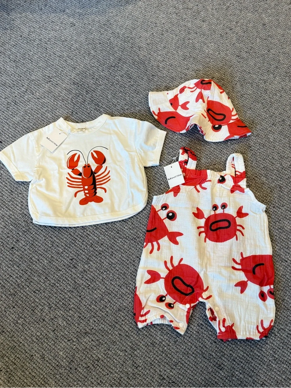 NEW NWT Mini Olie Baby Coveralls T-Shirt Hat Crab Summer Set White Red 3-6 mos